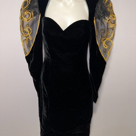 Vtg 80s Shamash Yofi Black Velvet Dress Puff Sleeves Gold Soutache Open Back 10 - Picture 2 of 6